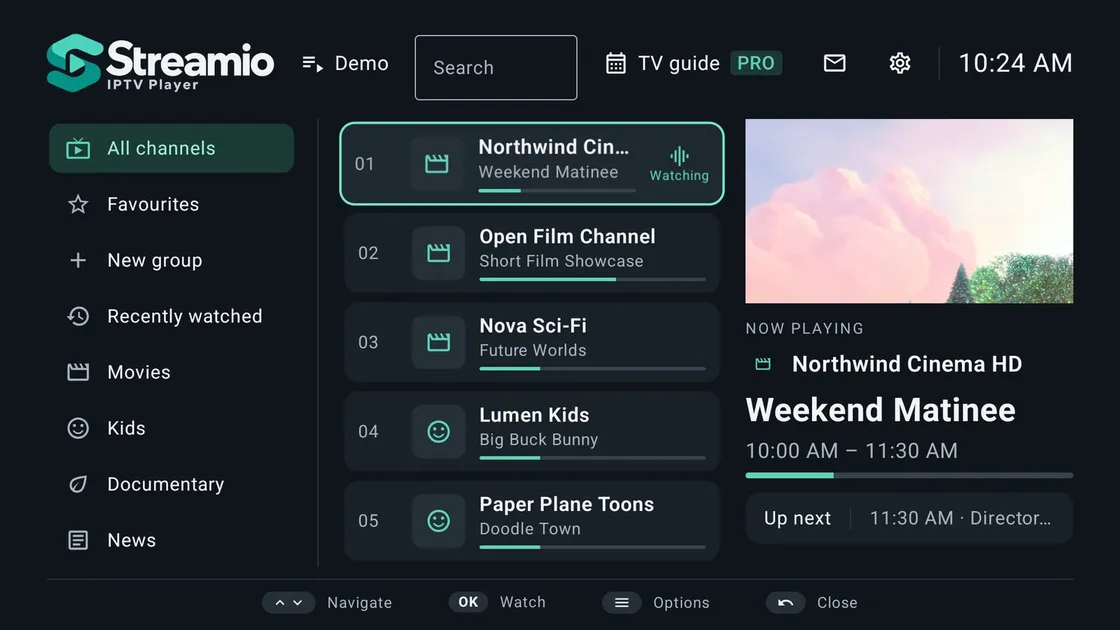 Streamio Player home screen on a TV: channel groups, channel list with what is on now, and a live preview with the programme guide