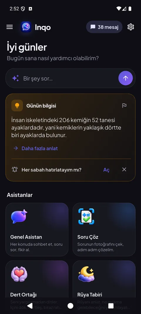 Bir şey sor kutusu, günün bilgisi ve asistanlarla ana ekran