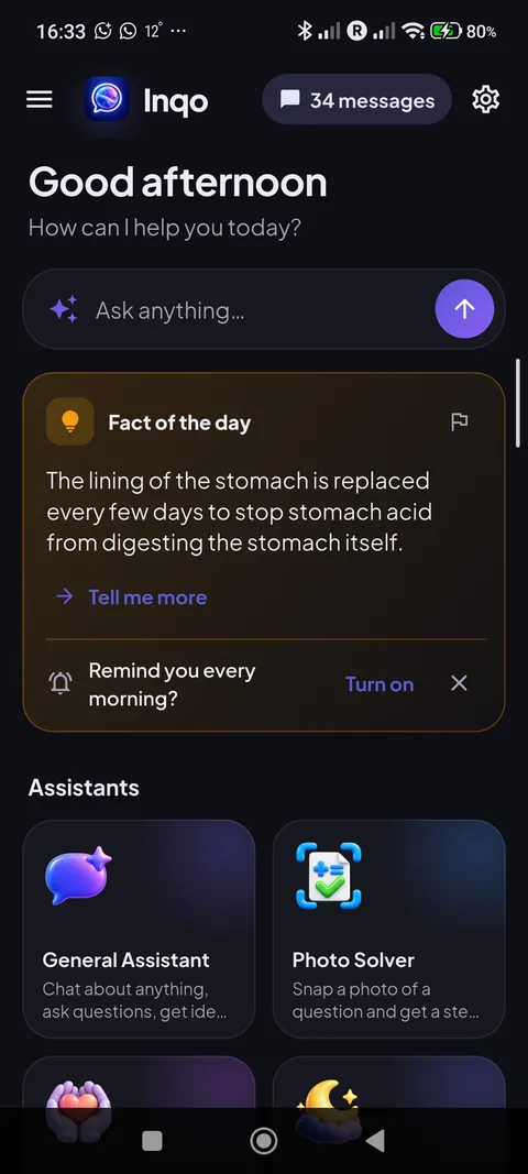 Home screen with the Ask anything box, the fact of the day and the assistants