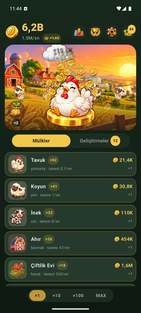 Altın paranın üstündeki tavuk, çayırdaki hayvanlar ve mülk listesiyle çiftlik