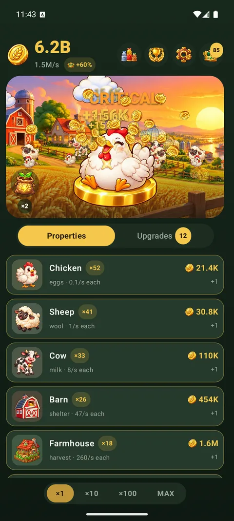 The farm with the hen on a gold coin, animals in the meadow and the property list