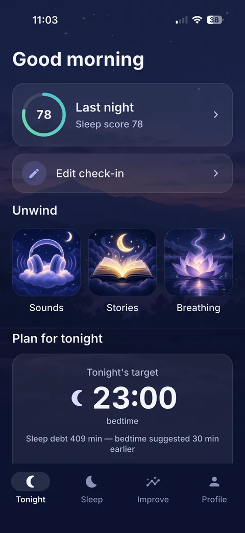 Tonight screen with last night's sleep score, the check-in, Sounds, Stories and Breathing shortcuts and tonight's target bedtime
