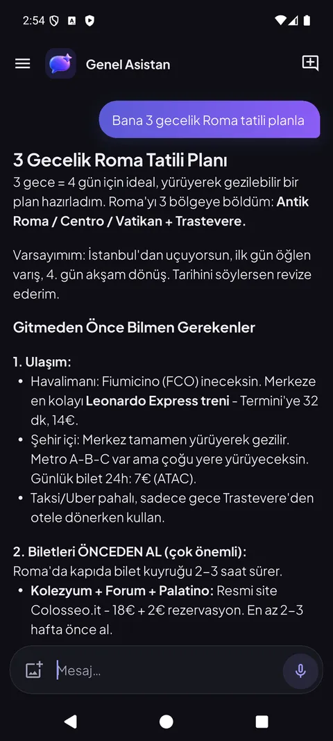 Genel Asistan'ın başlıklar ve listelerle 3 günlük uygun bütçeli Roma gezisi planladığı sohbet
