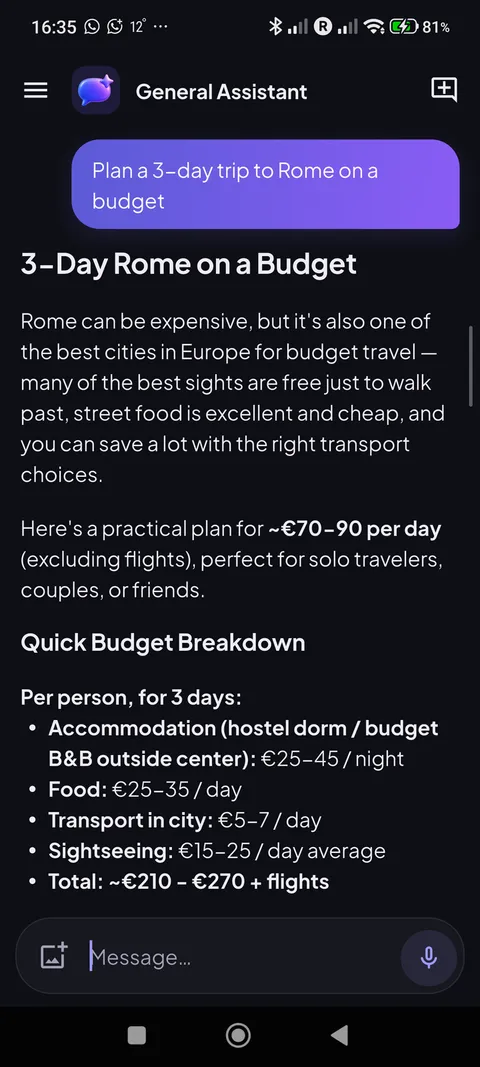 A chat where the General Assistant plans a 3-day budget trip to Rome with headings and lists