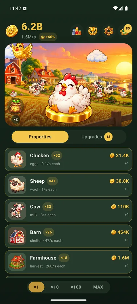 A golden hen flying over the farm