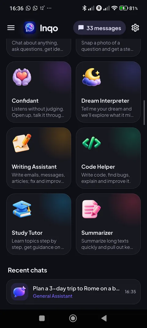 Assistants: Confidant, Dream Interpreter, Writing Assistant, Code Helper, Study Tutor and Summarizer