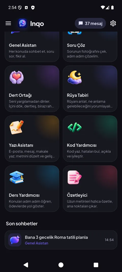 Asistanlar: Dert Ortağı, Rüya Tabiri, Yazı Asistanı, Kod Yardımcısı, Ders Yardımcısı ve Özetleyici