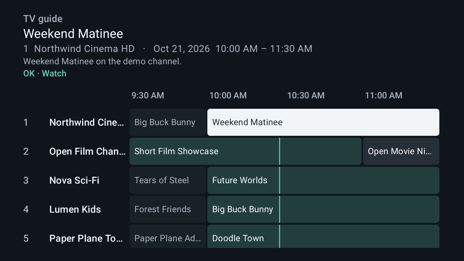 TV guide grid with programmes of several channels over time