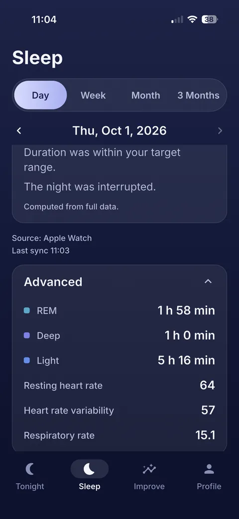 Advanced night details: REM, deep and light sleep, resting heart rate, heart rate variability and respiratory rate