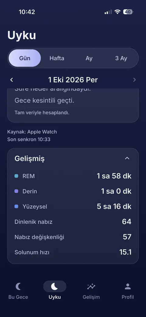 Gecenin gelişmiş ayrıntıları: REM, derin ve yüzeysel uyku, dinlenik nabız, nabız değişkenliği ve solunum hızı