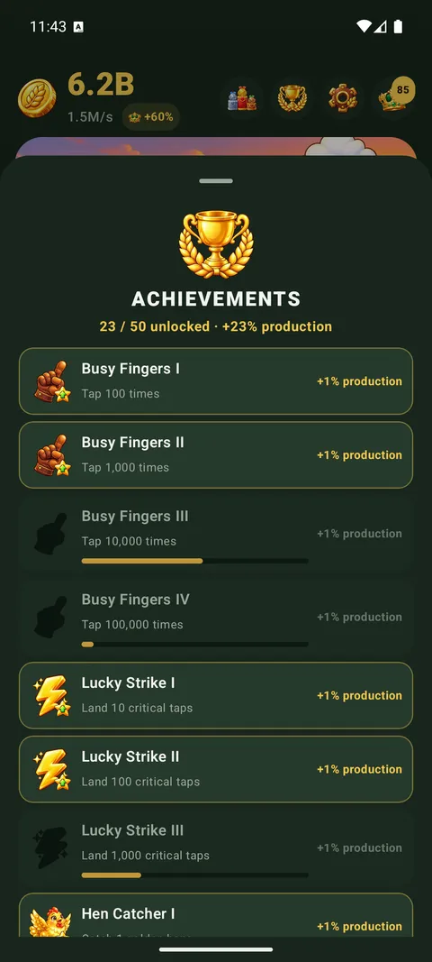 Achievements, each adding +1% production