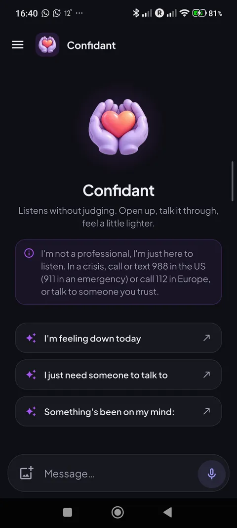 Confidant chat with a note that it is not a professional and how to reach crisis lines