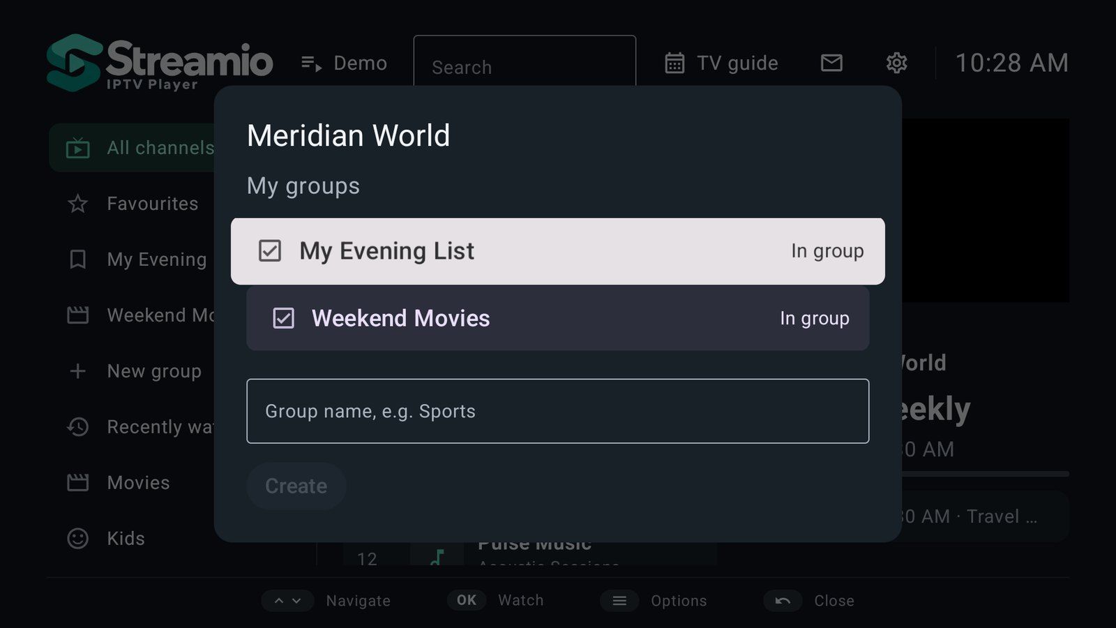 Adding a channel to the user's own groups, My Evening List and Weekend Movies