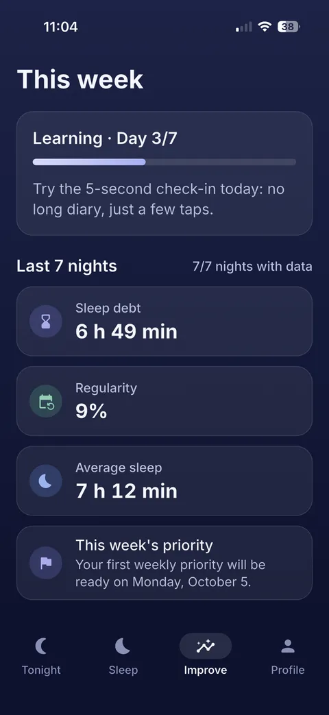 This week on the Improve tab: sleep debt, regularity and average sleep over the last 7 nights