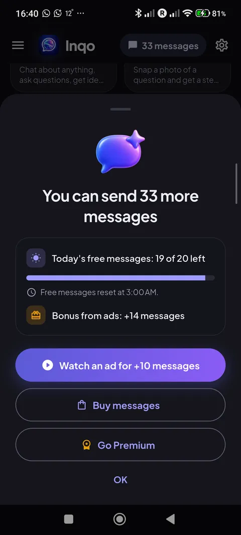 Messages sheet with today's free messages, a rewarded ad for 10 more, message packs and Premium