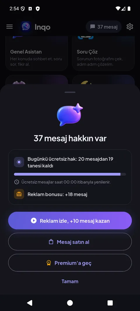 Bugünkü ücretsiz mesajlar, 10 mesaj için ödüllü reklam, mesaj paketleri ve Premium'u gösteren mesajlar penceresi
