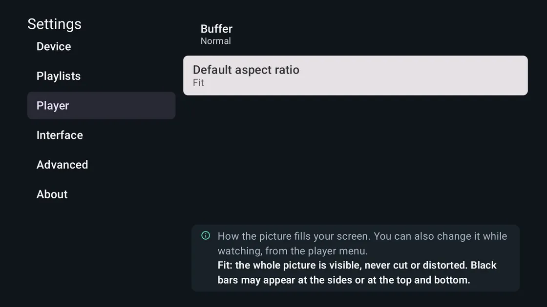 Settings with a plain-language explanation of the selected aspect ratio