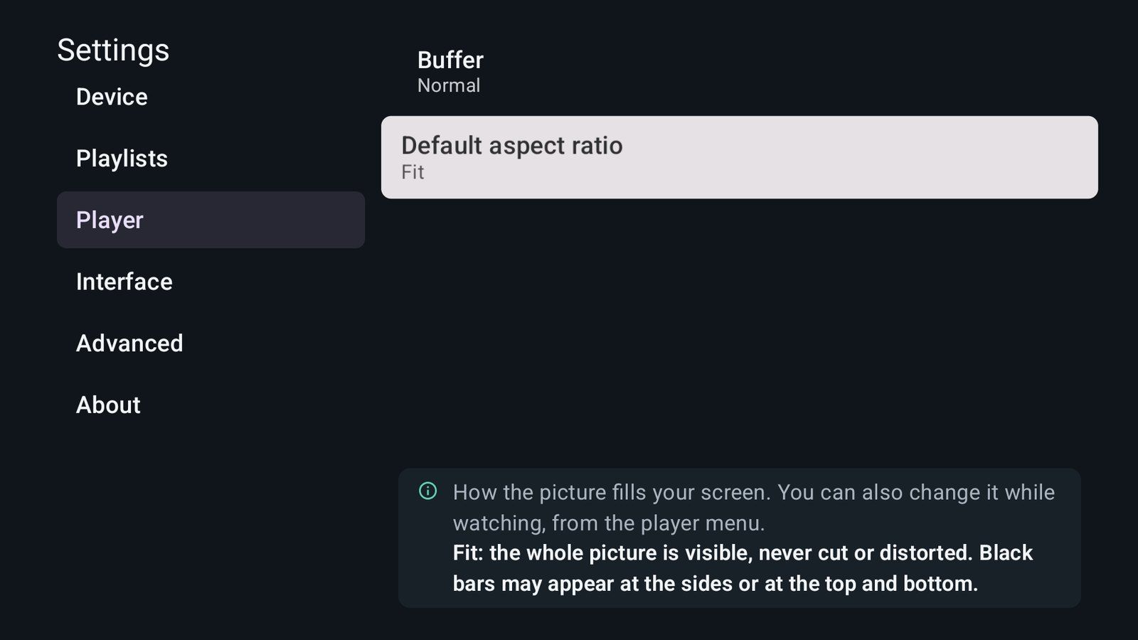 Settings with a plain-language explanation of the selected aspect ratio