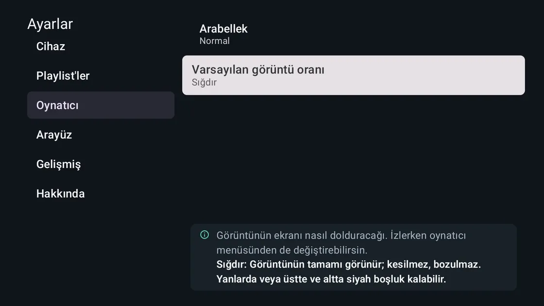 Seçili görüntü oranını sade bir dille açıklayan ayarlar ekranı