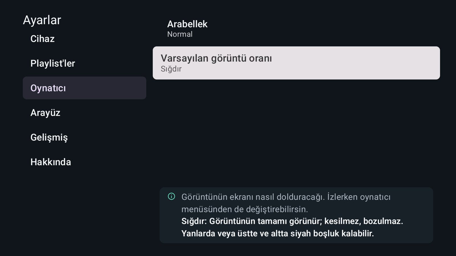 Seçili görüntü oranını sade bir dille açıklayan ayarlar ekranı