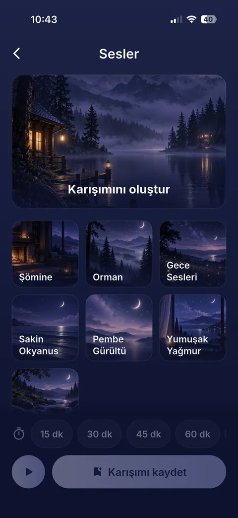 Şömine, orman, gece sesleri, sakin okyanus, pembe gürültü ve yumuşak yağmurla karışım oluşturulan, zamanlayıcılı Sesler ekranı