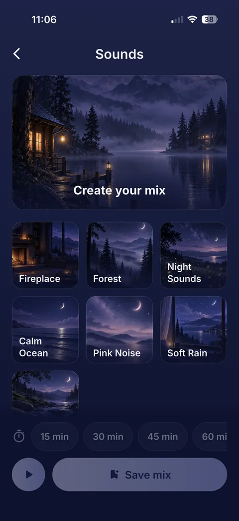 Sounds screen for mixing fireplace, forest, night sounds, calm ocean, pink noise and soft rain, with a sleep timer