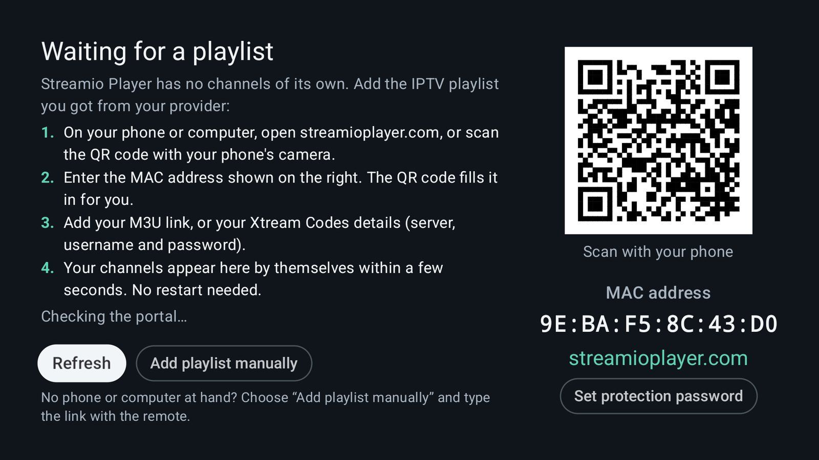 First start: step-by-step instructions, the device's MAC address and a QR code