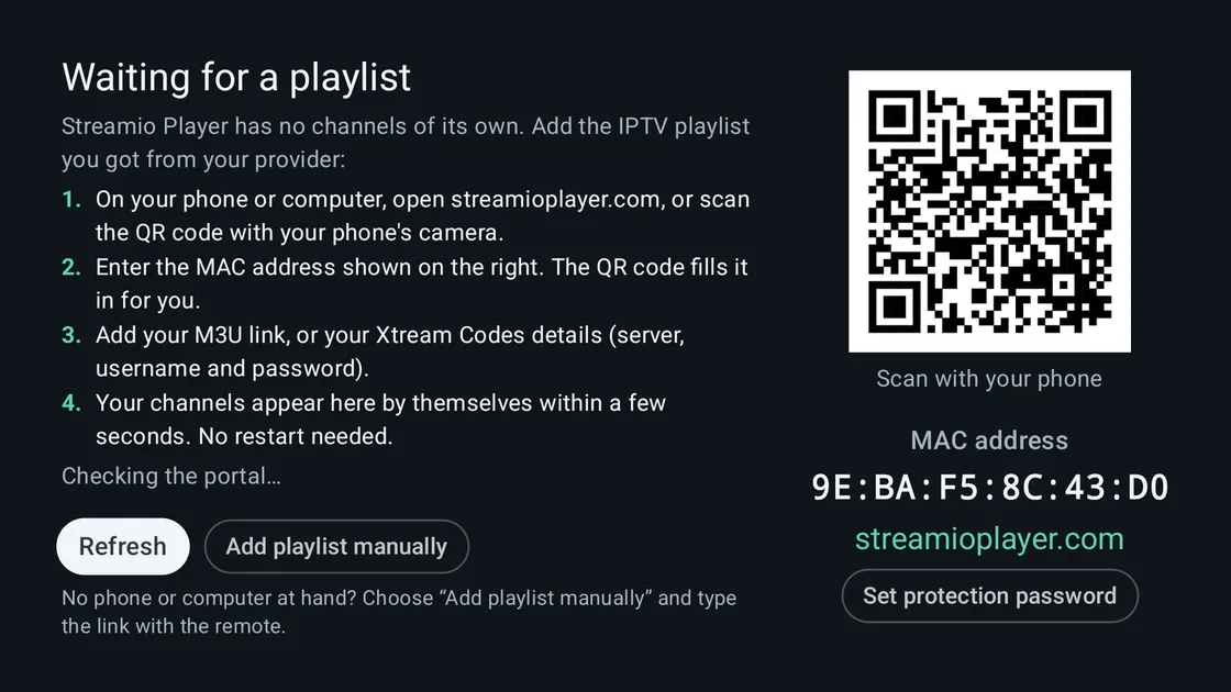 First start: step-by-step instructions, the device's MAC address and a QR code